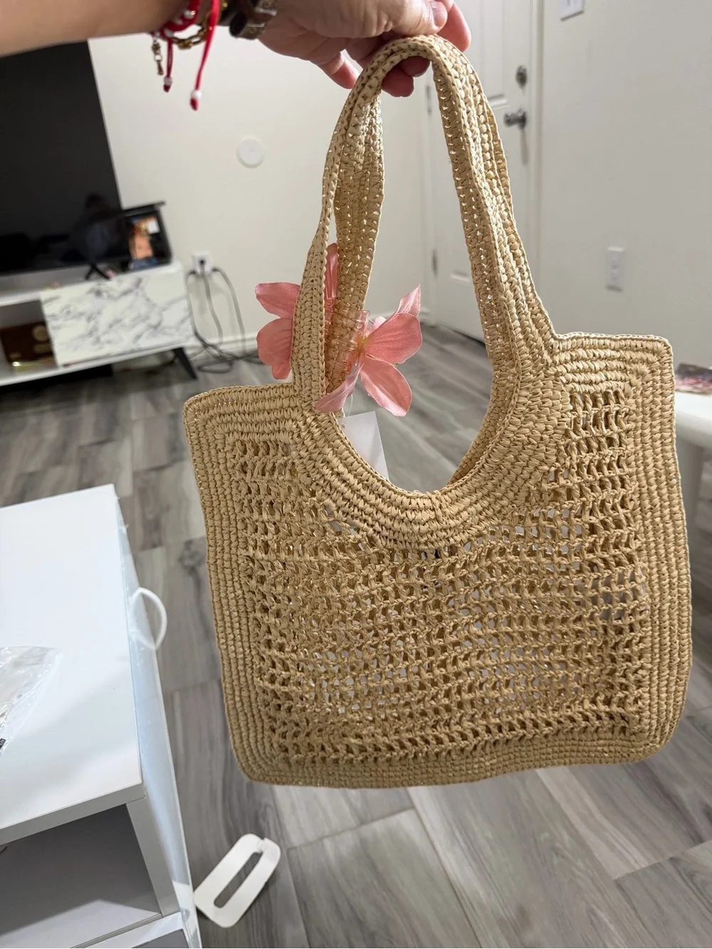H&M Natural Straw Tote with Pink Floral Accent